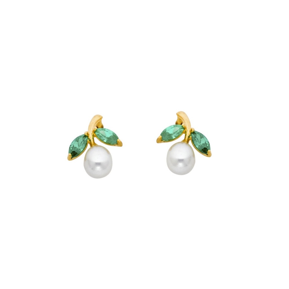 14k Yellow Gold FWC Pearl Green CZ Marquis leaves Children’s Earrings Screw Back